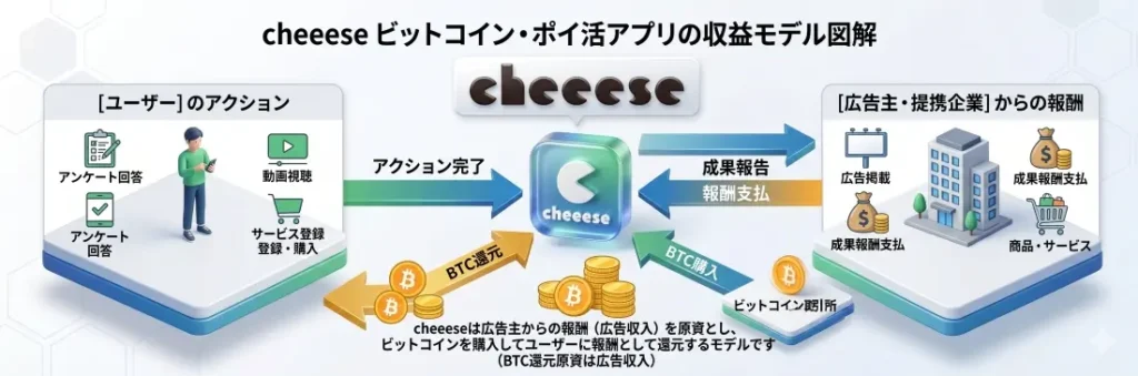 cheeeseビットコイン・ポイ活アプリの収益モデル図解イラスト