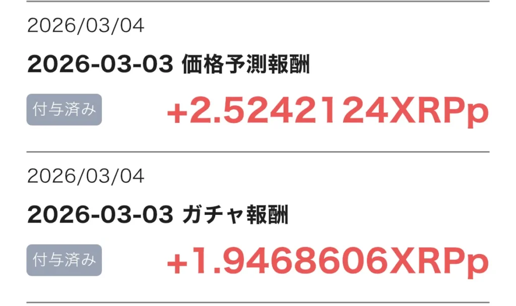 「翌日の価格予測」と「リップルガチャ」で獲得したXRPpのリアルな数値のスクリーンショット
