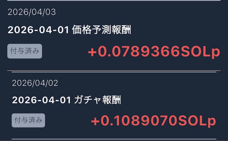 SOLWalk(ソラナウォーク)アプリの「価格予測報酬」「ガチャ報酬」スクリーンショット