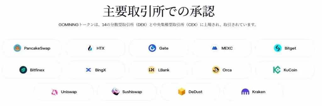 GoMining公式サイトに記載されたGOMININGトークンの取り扱いがある暗号資産取引所のスクリーンショット