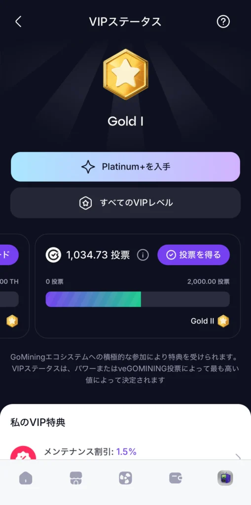 GoMiningアプリのVIPステータス画面。Gold Iランクで1,034.73票を保有し、メンテナンス割引1.5%が表示されている。